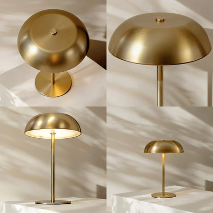 Premium brass-finished table lamp in a minimalist mushroom silhouette, embodying a 'Quiet Luxury' aesthetic.