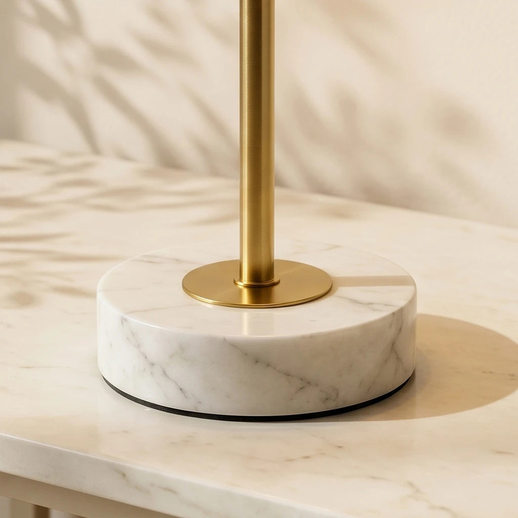 Close-up of the 100% genuine natural marble base, highlighting the unique, high-end stone texture of this sculptural cordless lamp.