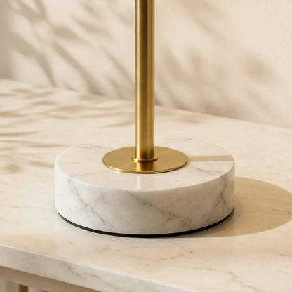 Close-up of the 100% genuine natural marble base, highlighting the unique, high-end stone texture of this sculptural cordless lamp.