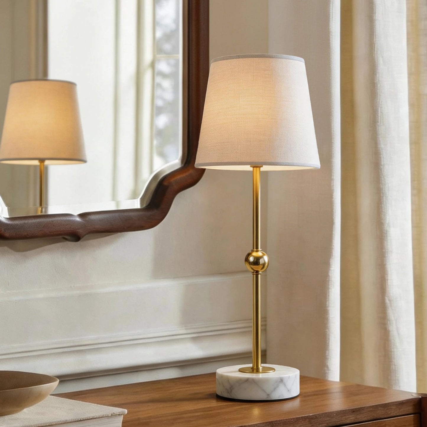 Natural solid marble base cordless table lamp with detachable magnetic LED light module and elegant brushed brass accents.