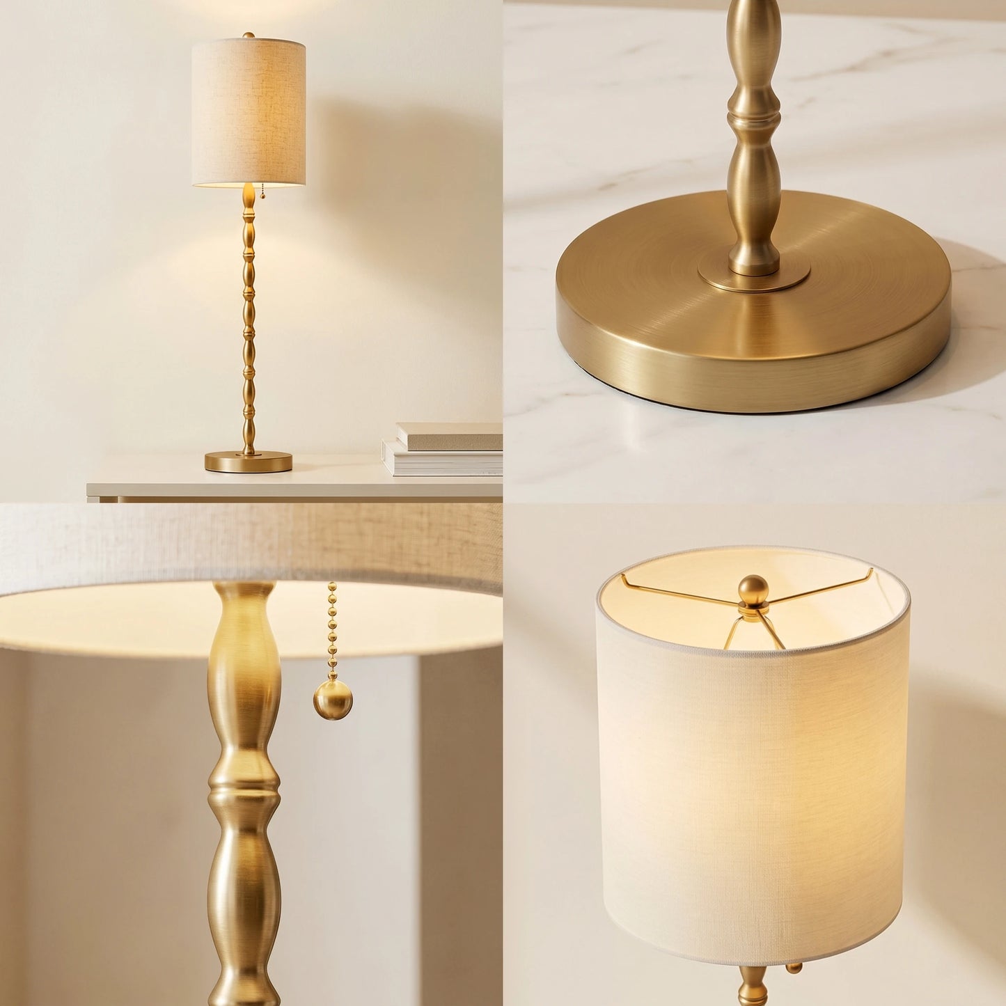 Tall brass-finished console lamp with premium off-white linen drum shade casting a warm, glare-free ambient glow.