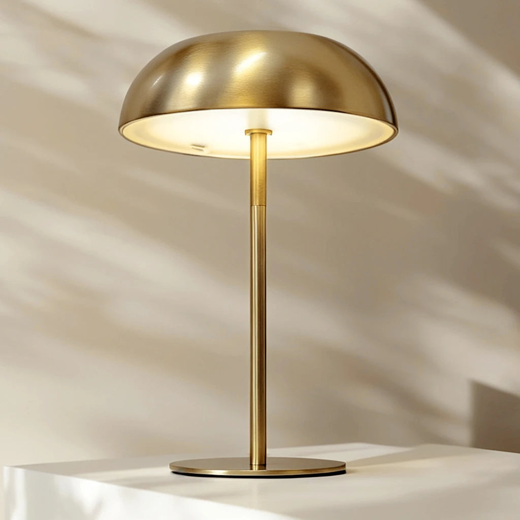 Sculptural cordless mushroom lamp with a touch-sensitive base for stepless dimming, casting an ambient glow for a sophisticated home atmosphere.